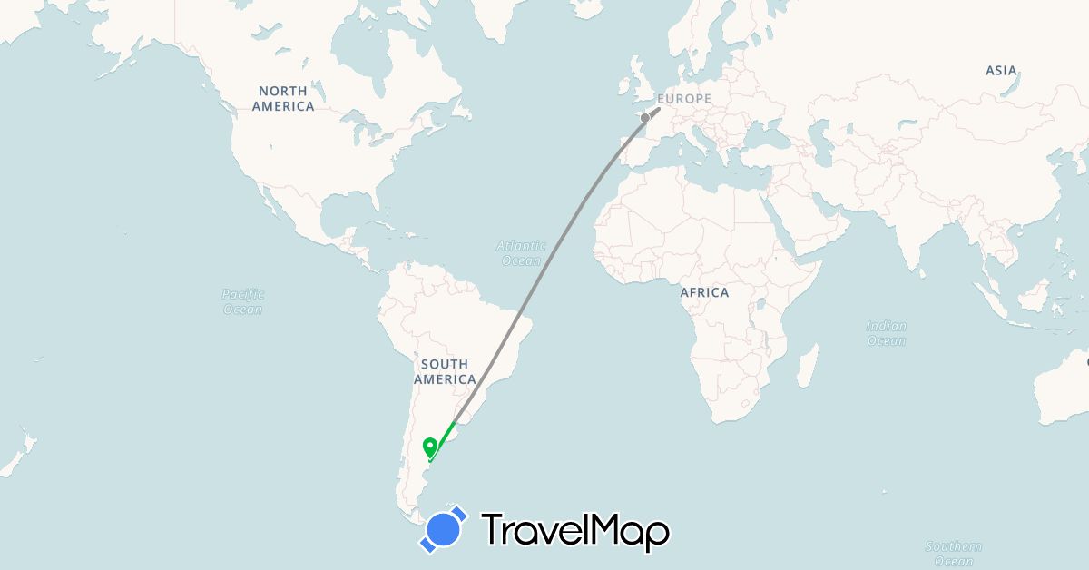 TravelMap itinerary: bus, plane in Argentina, France (Europe, South America)